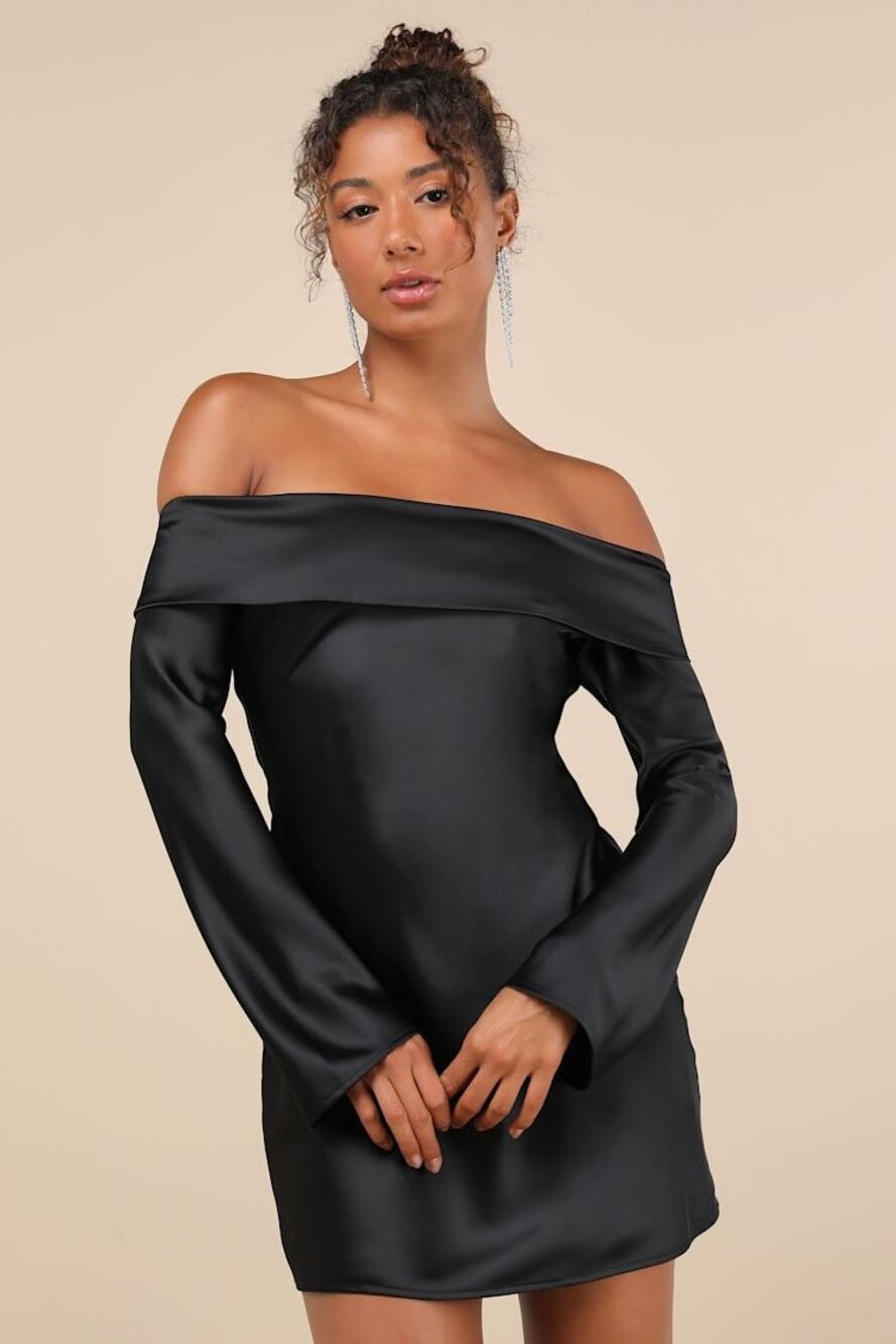NWT Lulus Luxurious Vision Black Satin Off-the-Shoulder Mini Dress Party Size XL